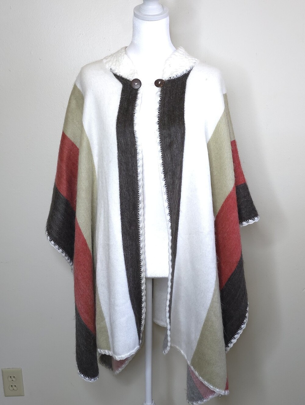 Runa Arts Boho Handmade 100% Wool Open Front Poncho Cape Coat Striped One Size